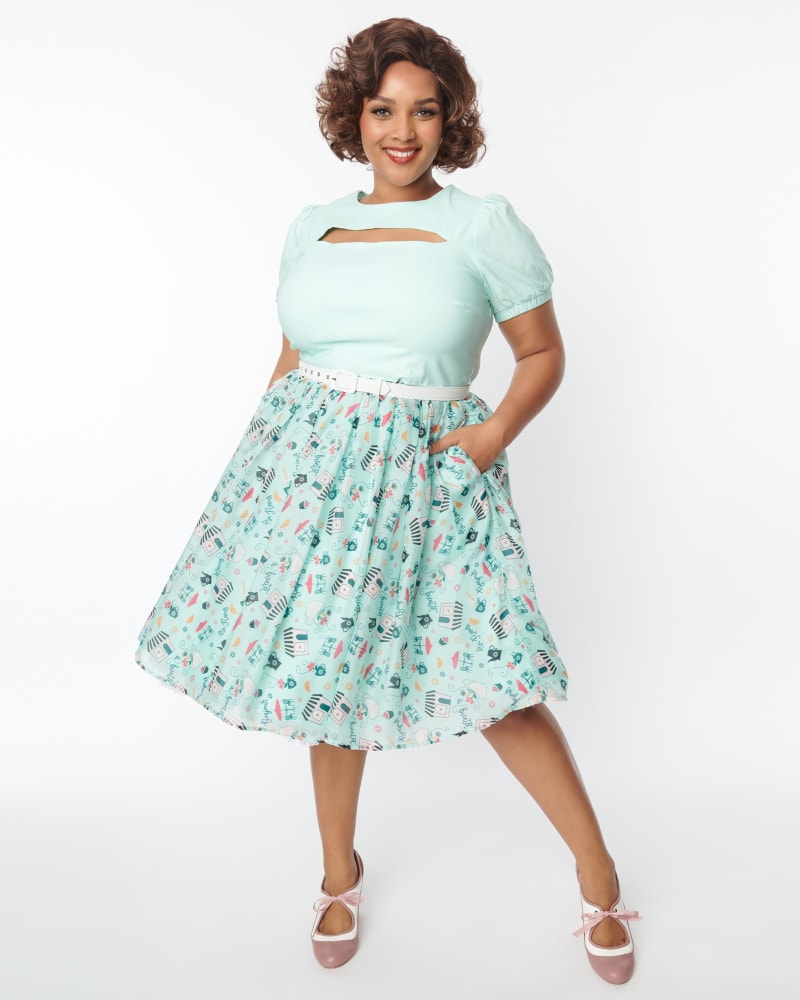 Front of a model wearing a size 2X Unique Vintage Mint Cafe De Paris Fit & Flare Dress in Blue, Green by Unique Vintage. | dia_product_style_image_id:287572